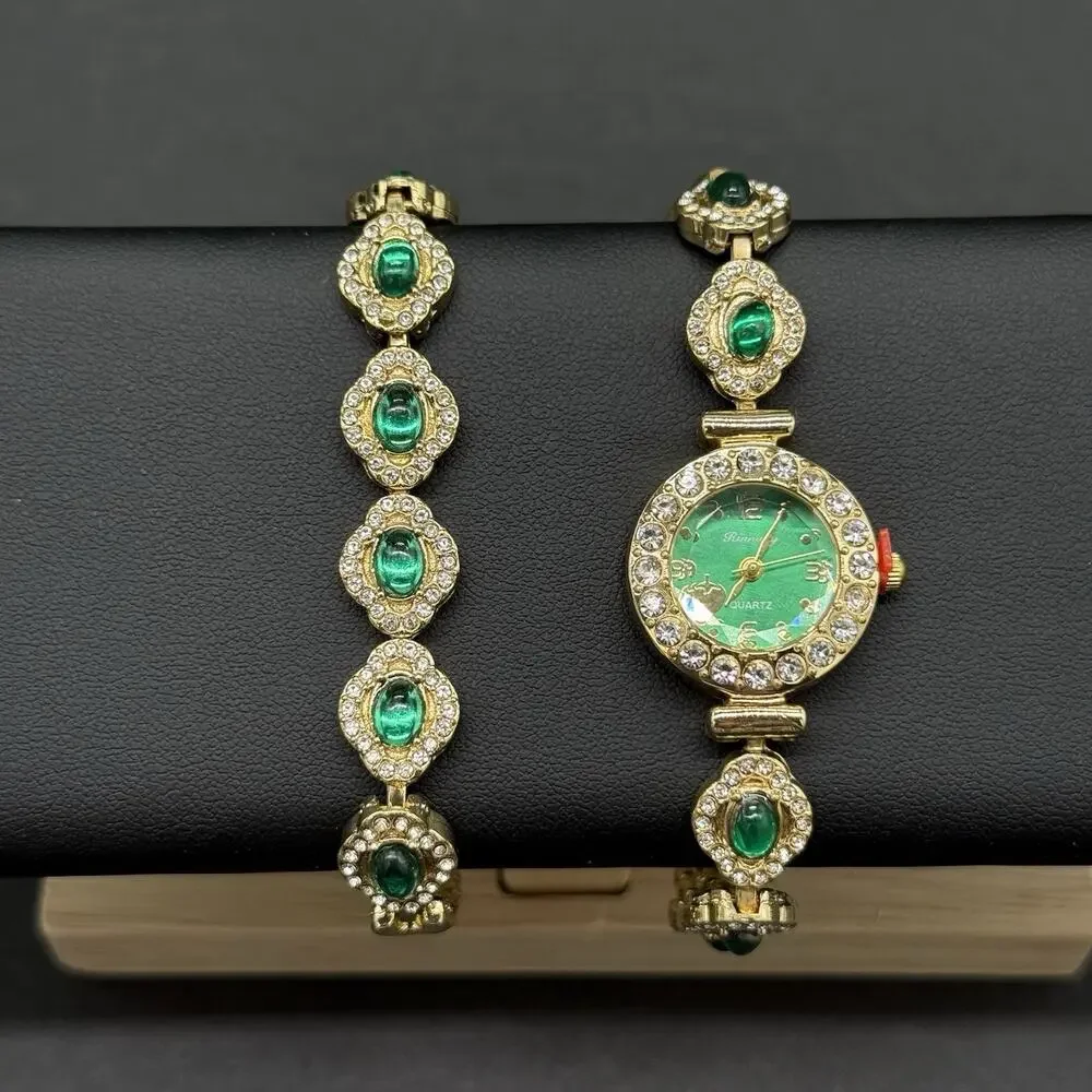 Gold Tone Clover Watch Bracelet Set 2 Pc Faux Emerald Jade Green Rhinestone NEW